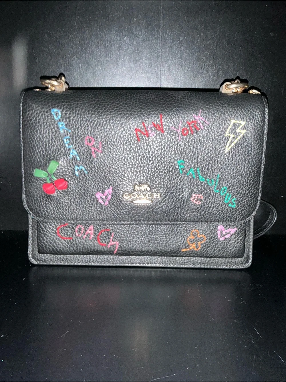Coach Black Leather Crossbody with Multicolor Graffiti Accents